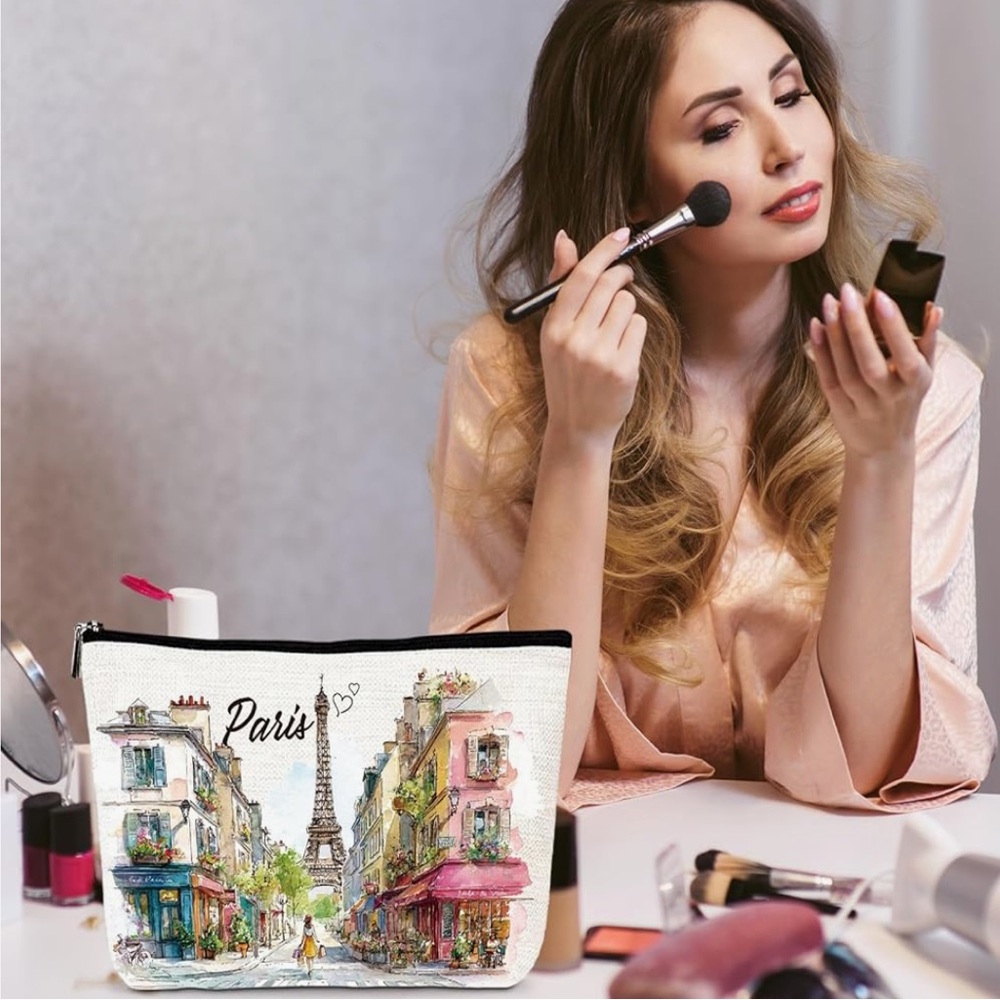🇫🇷 Parisian Watercolor Full Zip Canvas Pouch Bag Boutique Shopping